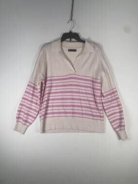 M&S Collection Sweater Womens Medium Beige Pink Stripe Collared Knit Pullover